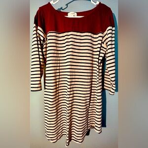 Umgee Large Tunic/ Top Burgundy Top/ Navy Blue And Gray Stripes Below